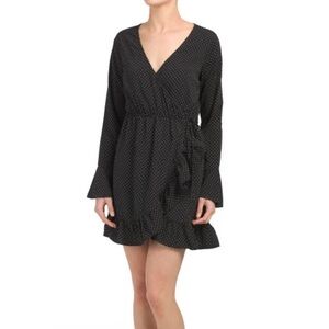 SADIE & SAGE Polka Dot True Wrap Mini Dress Large Ruffle Black & White Boho-Chic